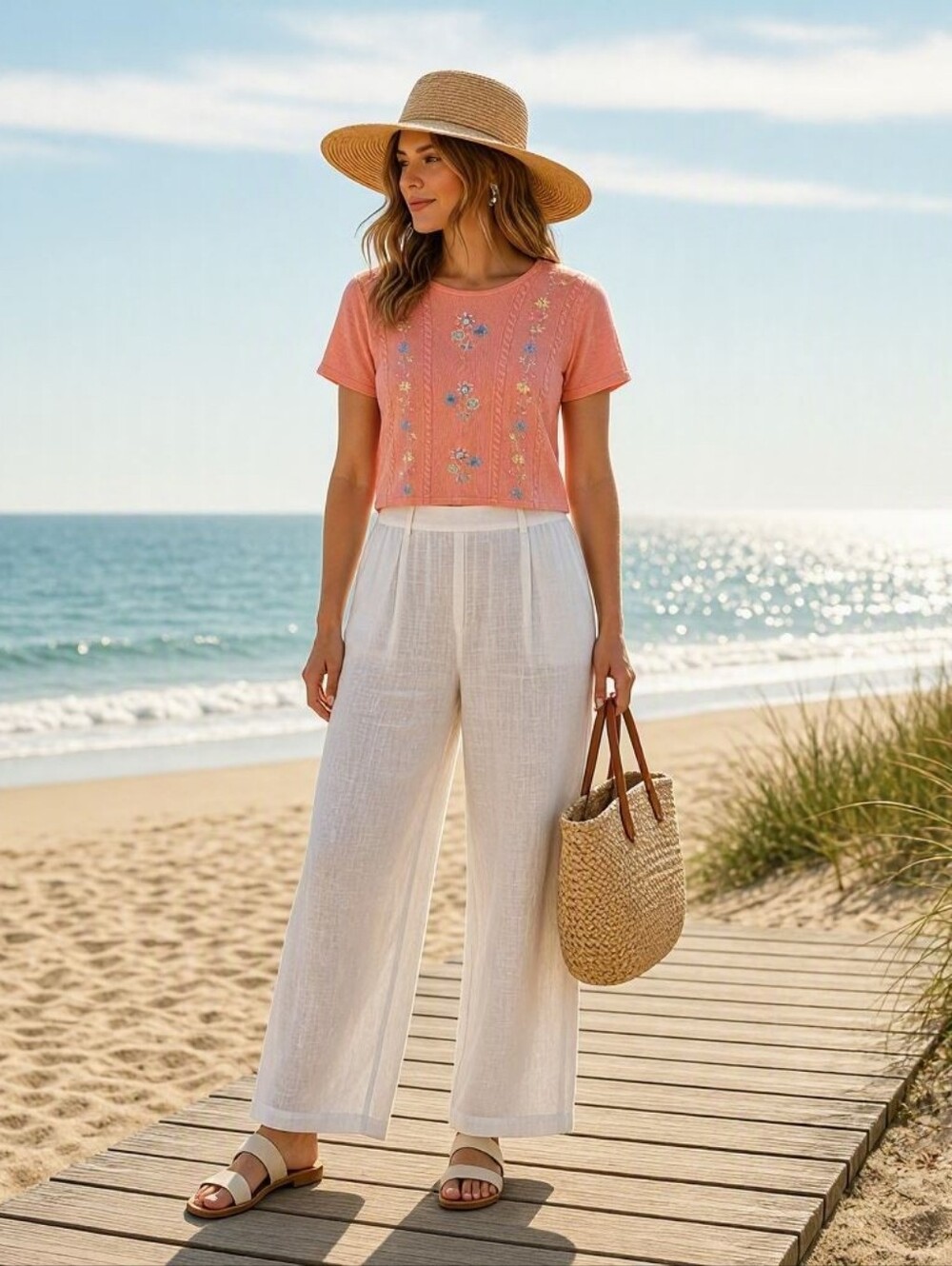 Alia Pink Embroidered Floral Cable-Trim Crewneck Sweater Grandmacore Cottagecore